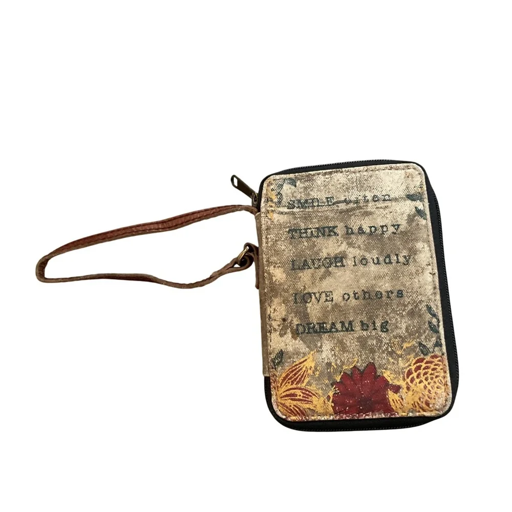 Mona B Upcycled Canvas Wristlet Wallet Tan Inspirational Floral Zip Around‎
